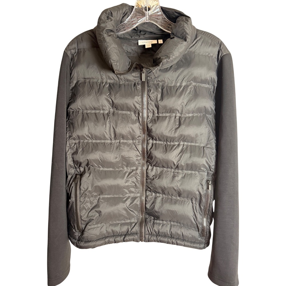 Chico's‎ Mixed Media Quilted Puffer Jacket Women's Size 3 Black Nylon Knit